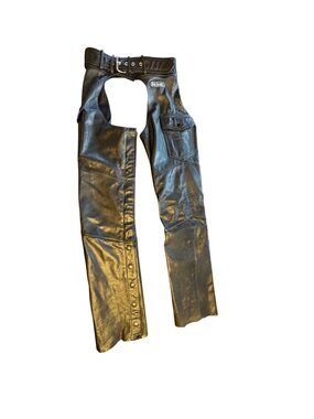 Hein Gericke Black Leather Motorcycle Chaps Adjustable Waist Size 30/32